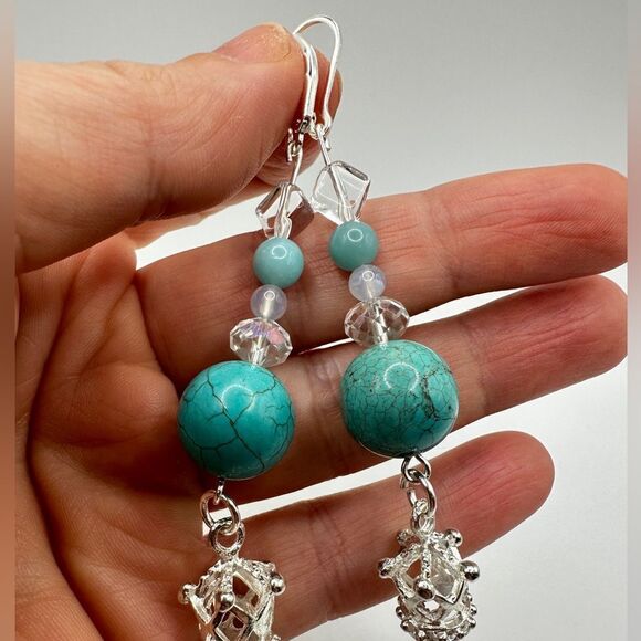 SALE! 3" dangle earrings in silver tone metal with glass, stone, ceramic beads! - Picture 6 of 10